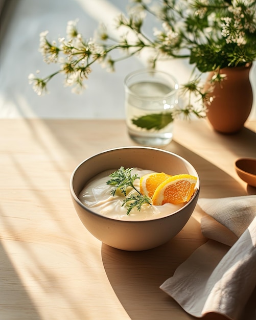 yogurt bowl with orange for breakfast