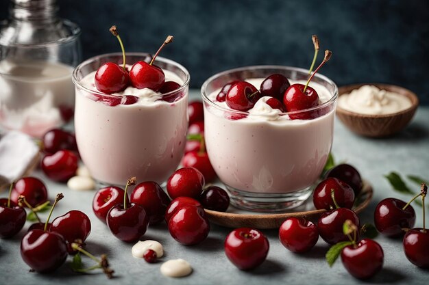 Yogurt and fresh cherries background ai generative