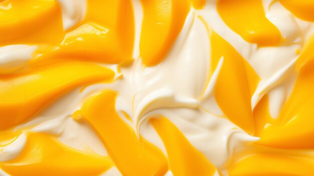 Yogurt and fresh mango pieces background top view generative ai