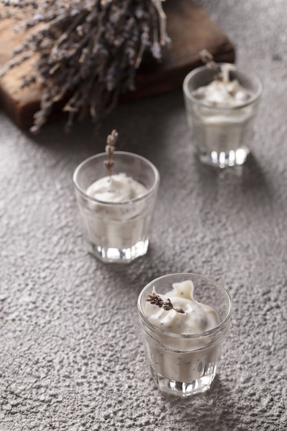 Yogurt in a glass. Lavender yogurt with Chia seeds