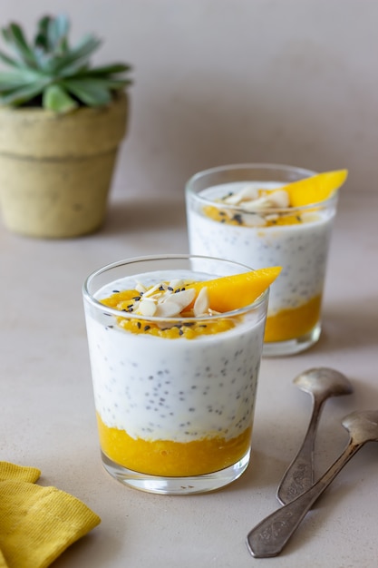 Yogurt in a glass with mango, chia and almonds. Healthy eating. Vegetarian food. Recipe. Breakfast. Diet.