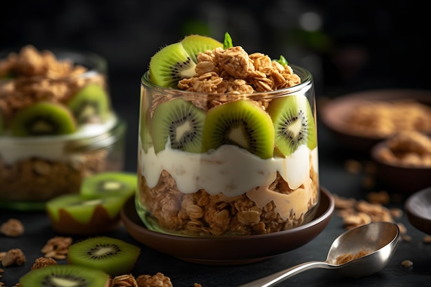 Yogurt granola parfait with sliced nuts and fresh kiwi fruits in a glass jar on dark background Generative AI