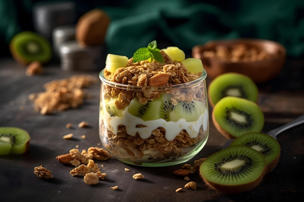 Yogurt granola parfait with sliced nuts and fresh kiwi fruits in a glass jar on dark background Generative AI