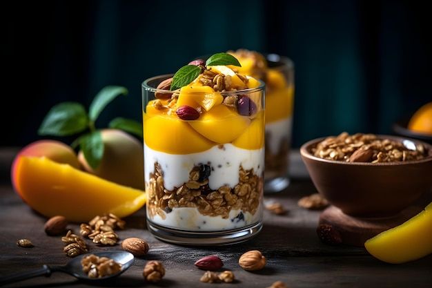 Yogurt granola parfait with sliced nuts fresh mango fruits in a glass jar on dark background Generative AI