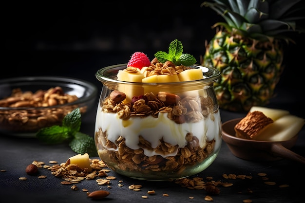 Yogurt granola parfait with sliced nuts fresh pineapple fruits and raspberry in a glass jar on dark background Generative AI