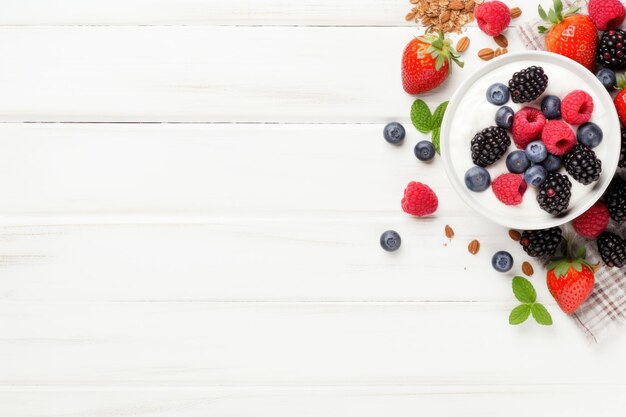 Yogurt muesli and berries on white background fresh and healthy top view flat lay copy space