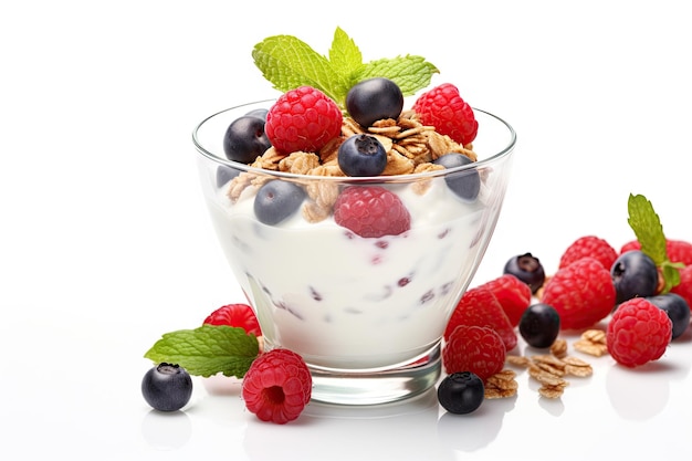 Yogurt muesli and berries on white background