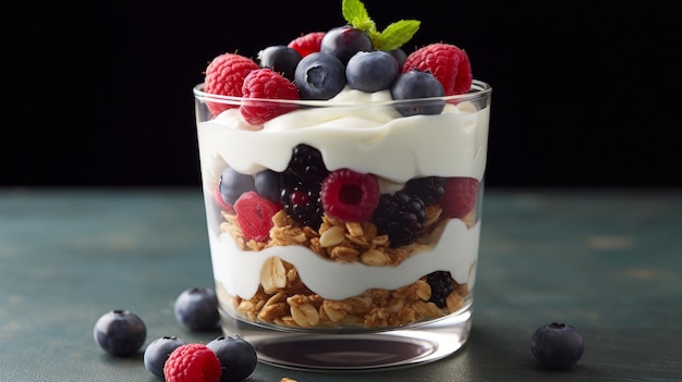 Yogurt parfait with alternating layers of Greek yogurt granola and mixed berries AI generated