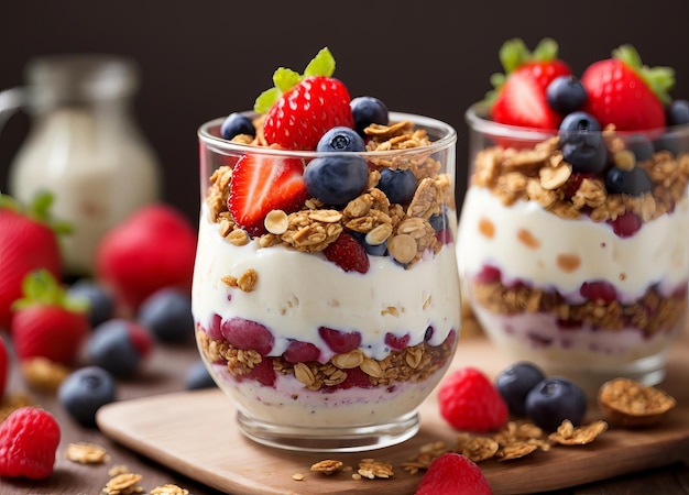 Yogurt parfait with fruits and granola its beautiful fruits