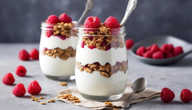 Yogurt parfait with raspberry and granola for breakfast