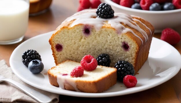 Photo yogurt pound cake for breakfast with glaze and fresh berries