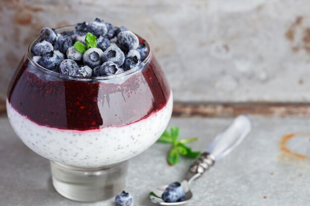 Yogurt, pudding with Chia seeds, blueberries and jam