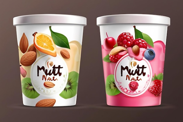 Yogurt vector packaging design Fruit and nuts yogurt set