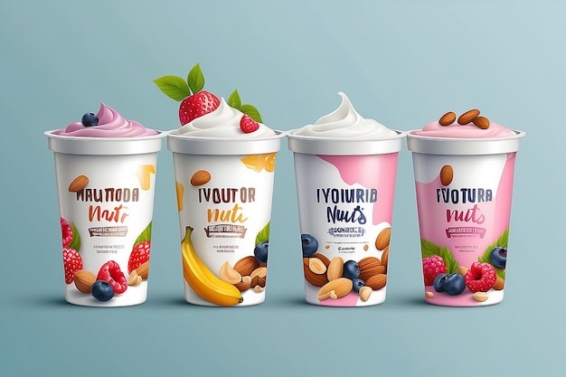 Foto progettazione di imballaggi vettoriali per yogurt set di yogurt a frutta e noci