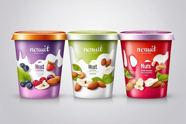 Yogurt vector packaging design Fruit and nuts yogurt set