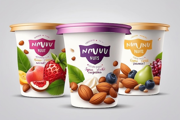 Yogurt vector packaging design Fruit and nuts yogurt set