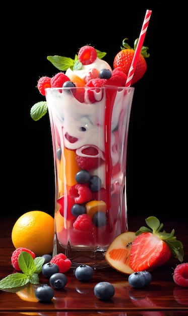 Йогурт с ягодами в стакане на черном фоне