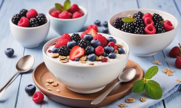 Yogurt with berries and muesli for breakfast in bowl