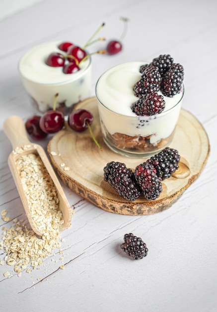 Yogurt with blackberries and cherries