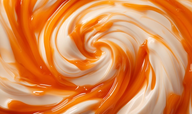 Yogurt with caramel syrup swirl texture top view background ai generated