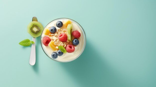 Yogurt with cereals and fruits top view