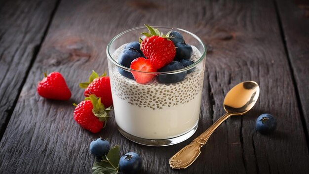 Yogurt with chia seed and berries in glass