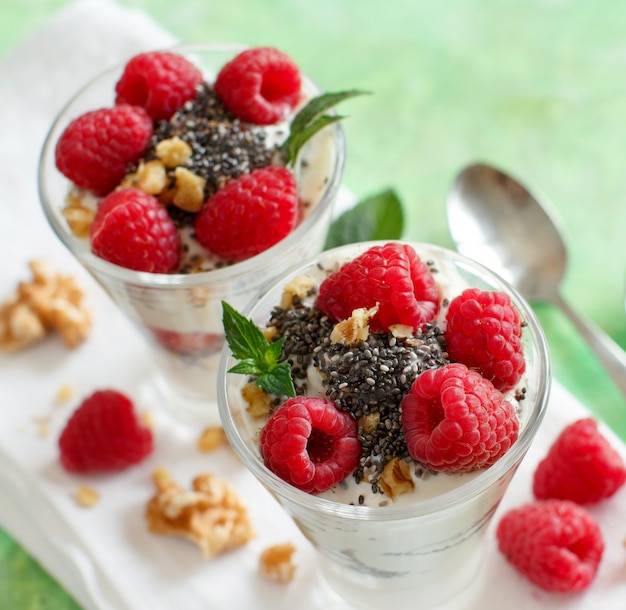 Yogurt with chia seeds, walnuts, mint and raspberries on green background