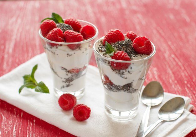 Yogurt con semi di chia, noci, menta e lamponi sulla tavola rossa si chiuda