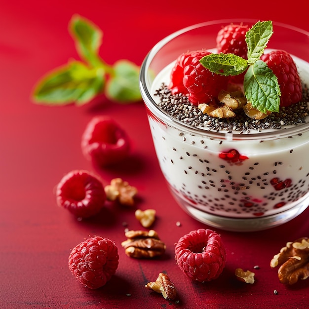 Yogurt with Chia Seeds Walnuts Mint and Raspberries