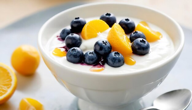 Photo yogurt with citrus fruit compote and blueberries