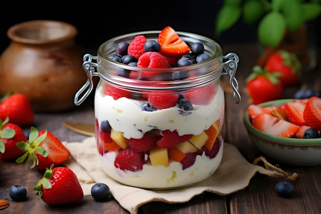 Yogurt with fresh berries and fruits in glass jar on wooden table