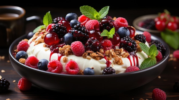 Yogurt with fresh berries and nuts in black bowl on the table Delicious healthy breakfast or snack