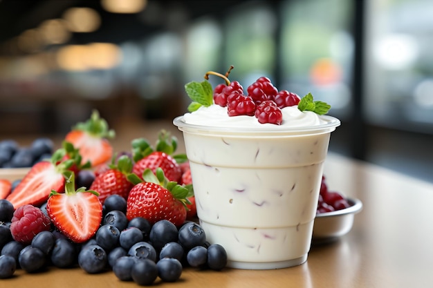 Yogurt with fresh berries on wooden table in kitchen closeup