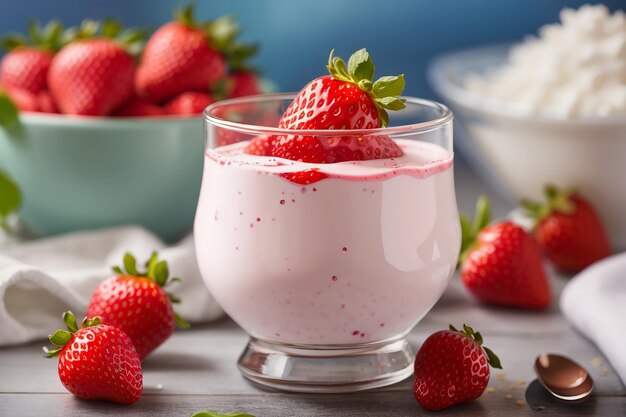 Yogurt with fresh strawberry in glass