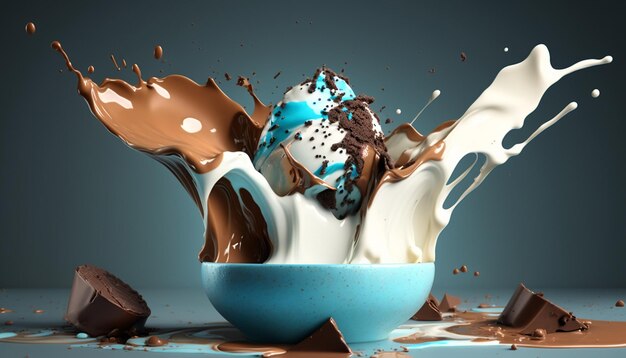 Yogurt with fruits and nuts splashes of water light blue