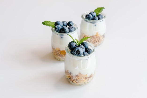 Yogurt with granola and blueberries