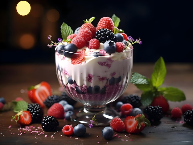 Yogurt with ice in a glass bowl with berries High resolution