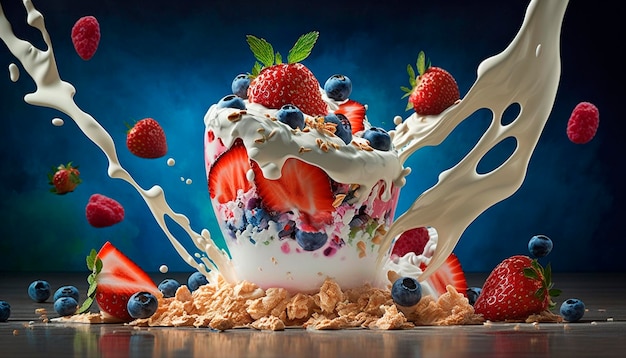 Yogurt with a mixture of berries strawberries and muesli Generative AI