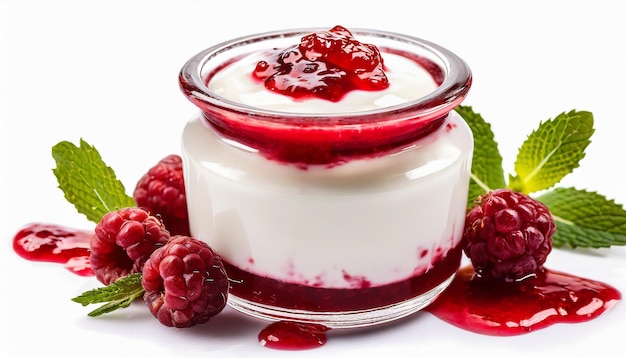 Yogurt with red berry jam isolated on white background