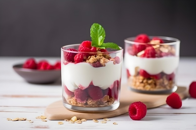 Photo yogurt with strawberry healthy breakfast fresh granola muesli with yogurt and berries