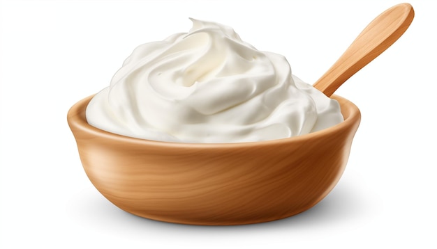 Foto yogurt in ciotola di legno con cucchiaio su sfondo bianco