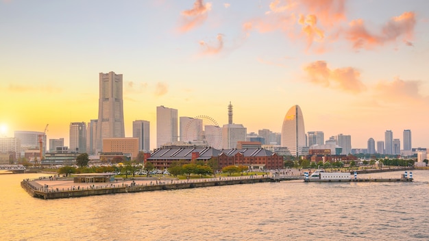 Yokohama city skyline at sunset in Japan