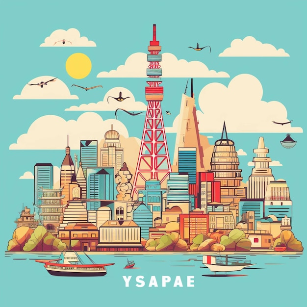 Yokohama skyline Japan Vectorillustratie in platte stijl