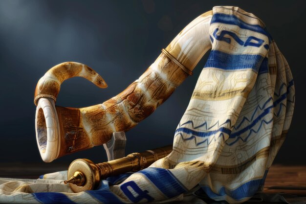 写真 ヨム・キプール (tallit torah) とショファー (shofar) はユダヤ教の宗教的なシンボルである