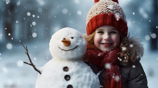 Фото Девушка играет со снеговиком посреди снега.