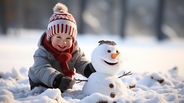 yong girl playing with Snowman in the middle of the snow