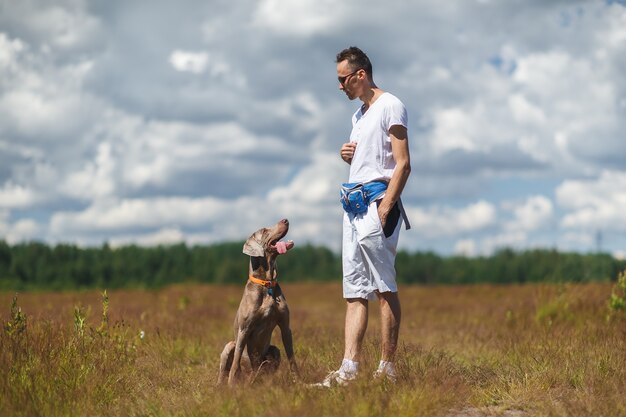 Юн человек тренирует большую собаку на поле