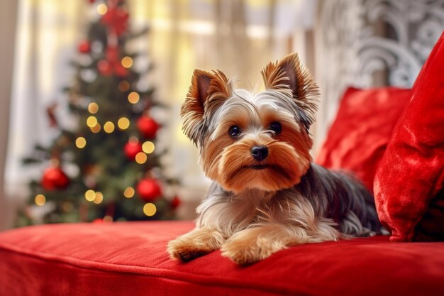 Yorkshire terrier against the background of a christmas tree animals in a homely atmosphere