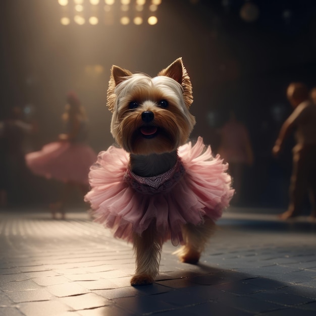 Foto il cane yorkshire terrier in una gonna da balletto rosa chiaro sta ballando come una ballerina illustration ai gener