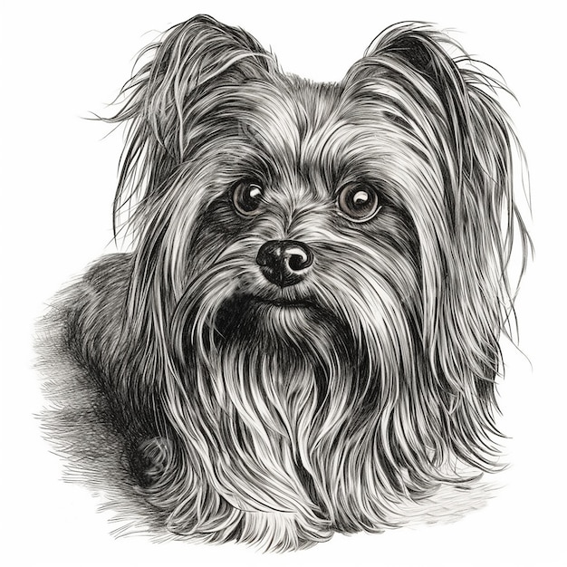 Yorkshire terrier engaving style closeup portrait black and white drawing cute dog